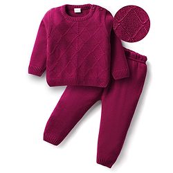 Babyhug Knit Full Sleeves Sweater Set With Square Design - Wine