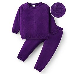 Babyhug Knitted Full Sleeves Sweater Set With Argyle Design - Purple