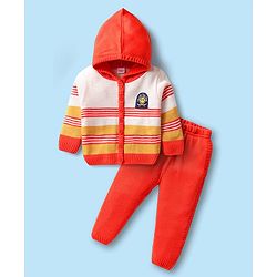 Babyhug Full Sleeves Hooded Front Open Sweater Set With Smiley & Stripe Design - White & Orange