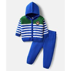 Babyhug Knitted Full Sleeves Hooded Front Open Sweater Set with Stripe Design - Blue & Green
