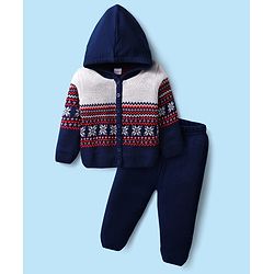 Babyhug Full Sleeves Hooded Front Open Sweater Set With Floral & Stripe Design - White & Navy Blue