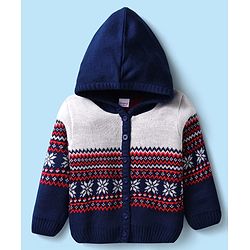 Babyhug Full Sleeves Hooded Front Open Sweater Set With Floral & Stripe Design - White & Navy Blue