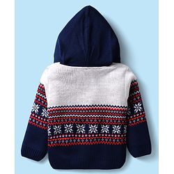 Babyhug Full Sleeves Hooded Front Open Sweater Set With Floral & Stripe Design - White & Navy Blue