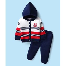 Babyhug Full Sleeves Hooded Front Open Sweater Set With Sports Stripe Design - White & Navy Blue