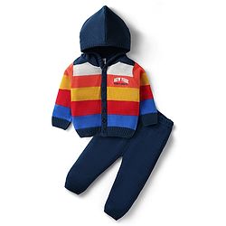 Babyhug Knit Full Sleeves Front Open Hooded Sweater Set With Stripes - Multicolour