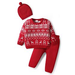 Babyhug Knitted Full Sleeves Pullover Sweater Set With Heart Design & Cap - Red