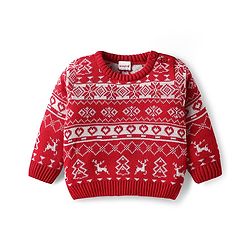 Babyhug Knitted Full Sleeves Pullover Sweater Set With Heart Design & Cap - Red