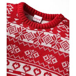 Babyhug Knitted Full Sleeves Pullover Sweater Set With Heart Design & Cap - Red