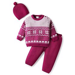 Babyhug Knitted Full Sleeves Pullover Sweater Set With Heart Design & Cap - Wine