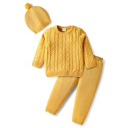 Babyhug Knitted Full Sleeves Pullover Sweater Set With Cable Knit Design & Cap - Mustard