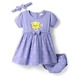 Babyhug Cotton Knit Half Sleeves Bear & Floral Printed Frock With Bloomer & Headband - Purple