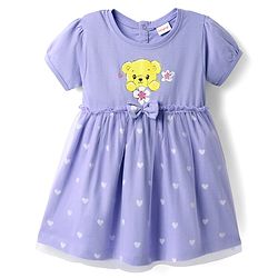 Babyhug Cotton Knit Half Sleeves Bear & Floral Printed Frock With Bloomer & Headband - Purple