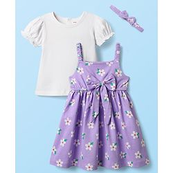 Babyhug Cotton Knit Half Sleeves T-Shirt & Frock With Floral Print & Bow Applique - Purple
