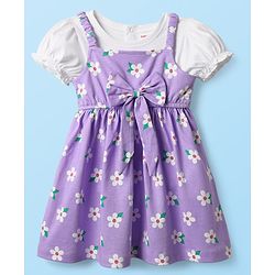 Babyhug Cotton Knit Half Sleeves T-Shirt & Frock With Floral Print & Bow Applique - Purple