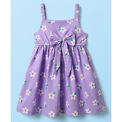Babyhug Cotton Knit Half Sleeves T-Shirt & Frock With Floral Print & Bow Applique - Purple