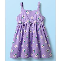 Babyhug Cotton Knit Half Sleeves T-Shirt & Frock With Floral Print & Bow Applique - Purple
