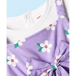 Babyhug Cotton Knit Half Sleeves T-Shirt & Frock With Floral Print & Bow Applique - Purple