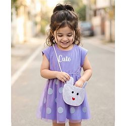 Babyhug Cotton Knit Half Sleeves Frock with Sling Bag & Polka Dot Print - Purple