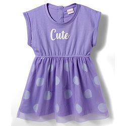 Babyhug Cotton Knit Half Sleeves Frock with Sling Bag & Polka Dot Print - Purple