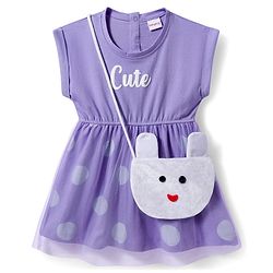 Babyhug Cotton Knit Half Sleeves Frock with Sling Bag & Polka Dot Print - Purple