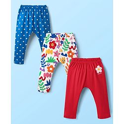 Babyhug Cotton Knit Full Length Floral & Polka Dot Printed Diaper Leggings Pack of 3 - Red White & Blue