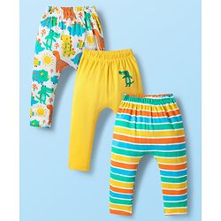 Babyhug Cotton Knit Full Length Diaper Leggings With Stripes & Dino Print Pack Of 3 - Yellow Light Blue & White