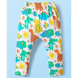 Babyhug Cotton Knit Full Length Diaper Leggings With Stripes & Dino Print Pack Of 3 - Yellow Light Blue & White