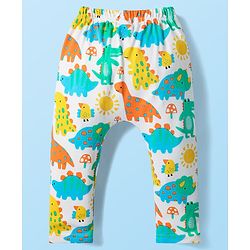 Babyhug Cotton Knit Full Length Diaper Leggings With Stripes & Dino Print Pack Of 3 - Yellow Light Blue & White