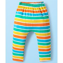 Babyhug Cotton Knit Full Length Diaper Leggings With Stripes & Dino Print Pack Of 3 - Yellow Light Blue & White