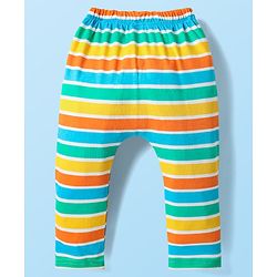 Babyhug Cotton Knit Full Length Diaper Leggings With Stripes & Dino Print Pack Of 3 - Yellow Light Blue & White