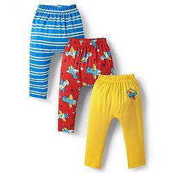 Babyhug Cotton Knit Full Length Diaper Leggings With Stripes & Dino Print Pack Of 3 - Yellow Light Blue & White