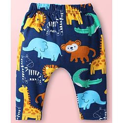 Babyhug Cotton Knit Full Length Diaper Pants With Animals Print Pack Of 3 - Navy Blue White & Light Blue