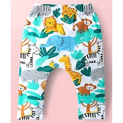 Babyhug Cotton Knit Full Length Diaper Pants With Animals Print Pack Of 3 - Navy Blue White & Light Blue