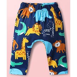 Babyhug Cotton Knit Full Length Diaper Pants With Animals Print Pack Of 3 - Navy Blue White & Light Blue