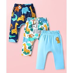Babyhug Cotton Knit Full Length Diaper Pants With Animals Print Pack Of 3 - Navy Blue White & Light Blue