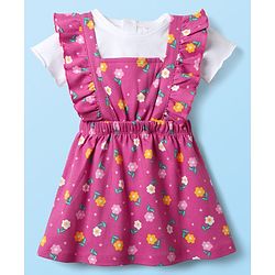 Babyhug Cotton Knit Half Sleeves Frock & Inner Tee with Floral Print & Frill Detailing - Dark Pink