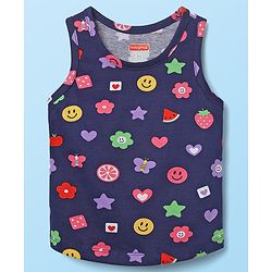 Babyhug 100% Cotton Single Jersey Knit Sleeveless Sando & Shorts With Tropical Theme Print - Navy Blue & Dark Pink