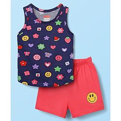 Babyhug 100% Cotton Single Jersey Knit Sleeveless Sando & Shorts With Tropical Theme Print - Navy Blue & Dark Pink