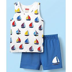 Babyhug 100% Cotton Sleeveless Nautical Printed Sando & Shorts Set - Blue & White