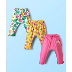 Babyhug Cotton Knit Full Length Daiper Leggings with Tropical Theme Print Pack of 3 - Yellow White & Pink