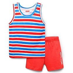 Babyhug 100% Cotton Single Jersey Knit Sleeveless Sando & Shorts Set With Stripes & Text Print - Blue & Red