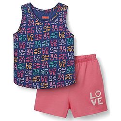 Babyhug 100% Cotton Single Jersey Knit Sleevelss Sando & Shorts Set With Text Print - Navy Blue & Pink