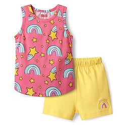 Babyhug 100% Cotton Single Jersey Knit Sleeveless Sando & Shorts Set with Rainbow & Star Print - Pink & Yellow