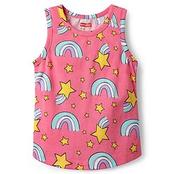 Babyhug 100% Cotton Single Jersey Knit Sleeveless Sando & Shorts Set with Rainbow & Star Print - Pink & Yellow