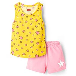 Babyhug 100% Cotton Sleeveless Star Printed Sando & Shorts Set - Yellow & Pink