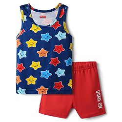 Babyhug 100% Cotton Single Jersey Knit Sando & Shorts Set With Star & Text Print - Navy Blue & Red