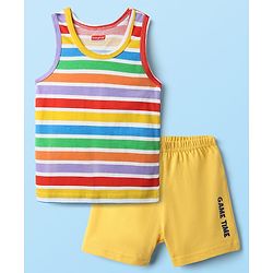 Babyhug 100% Cotton Single Jersey Knit Sleeveless Sando & Shorts Set With Stripes - Red & Yellow