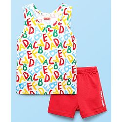 Babyhug 100% Cotton Knit Sleeveless Sando Vest & Shorts Set With Alphabet Print - White & Red