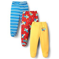 Babyhug Cotton Knit Bootie Leggings With Stripes & Aeroplane Print Pack Of 3 - Yellow Red & Light Blue