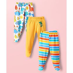 Babyhug Cotton Knit Full Length Bootie Leggings With Dino Print & Stripes Pack Of 3 - Yellow White & Blue
